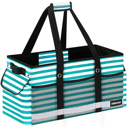 Extra Large Utility Tote Bag with Reflective Strip, Standing Reusable Grocery Bags with Hard Bottom, Collapsible Utility Tote with Handles for Shopping, Beach, Picnics, Car, Striped Green - color: Striped Green