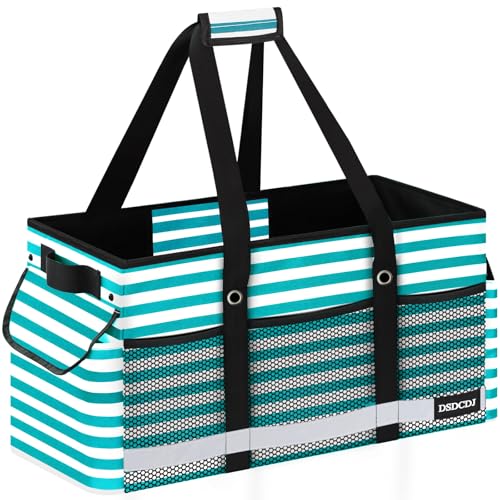 Extra Large Utility Tote Bag with Reflective Strip, Standing Reusable Grocery Bags with Hard Bottom, Collapsible Utility Tote with Handles for Shopping, Beach, Picnics, Car, Striped Green - color: Striped Green