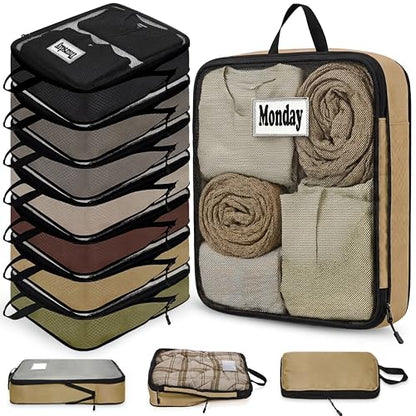 7 Pcs Packing Cubes for Travel Days of Week Compression Packing Cube with Labels Organizers Luggage Storage Bag(Brown,Large) - color: Brown