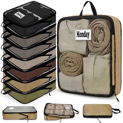 7 Pcs Packing Cubes for Travel Days of Week Compression Packing Cube with Labels Organizers Luggage Storage Bag(Brown,Large) - color: Brown