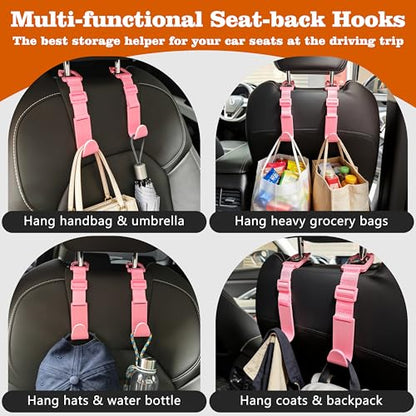 Amooca Car Headrest Hooks 4 Pack Adjustable Universal Fit Auto Seat Back Organizer Storage Hanger Purse Bags Holder with Clip Pink - color: Pink