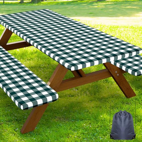 Smiry Picnic Table Cover with Bench Covers, Waterproof Elastic Fitted Tablecloths for 5 Foot Rectangle Tables, Washable Buffalo Plaid Tablecloth for Camping, Outdoor (Emerald Green & White, 30"x60") - color: Emerald Green and White, size: 30" x 60"