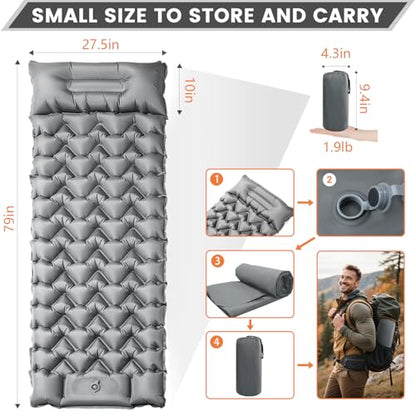 Ultralight Sleeping Pad for Backpacking, 4" Thick & 1.9 lb, with Built-in Pillow & Fast Foot Pump, Compact Inflatable Mat for Hiking and Camping - color: Grey