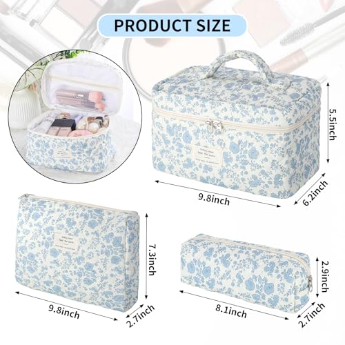 senbowe Floral Makeup Bag, 3 Pack Large Cotton Quilted Makeup Bag Set, Cute Floral Coquette Aesthetic Toiletry Bag Make Up Cosmetic Bag for Women, Toiletry Travel Make Up Organizer Bag - color: Blue-White