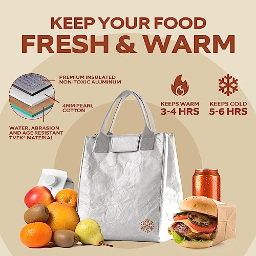 VonNova Women’s Insulated Lunch Bag with Premium 4mm Cooler Insulation, Cute Large 7L Lunch Tote for Office, Durable Small Lunch Box for Women, Stylish Lunchbox for Adults, Teens, Nurses, Teachers - color: Silver