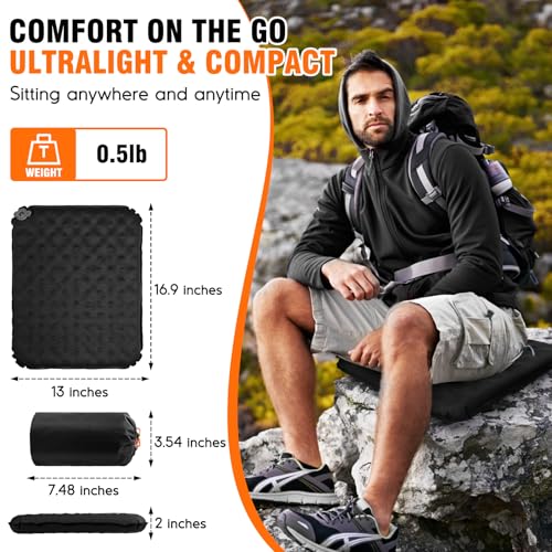 Inflatable Seat Cushion, Self-Inflating Memory Foam Stadium Seats Cushion Lightweight & Compact Chair Sitting Pad Airplane Cushion for Long Flight Travel Outdoor Camping Car Bleachers Office - color: 1 Pack Black