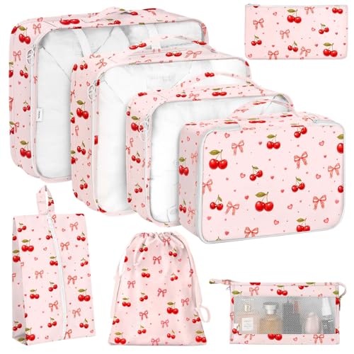 KPX 8 Set Packing Cubes for Travel, Luggage Packing Organizers Accessories Large Toiletries Bag for Clothes Shoes Cosmetics (8Set-Cherry & Bow) - color: 8Set-Cherry & Bow