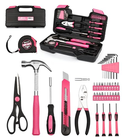 40-Piece Pink Tool Set for Girls, Ladies and Women, General Household 40 PCS Hand Tool Kit with Plastic Toolbox, Essential Tools for Home, Garage, Office and College Dormitory Use - style: 40 Piece Pink