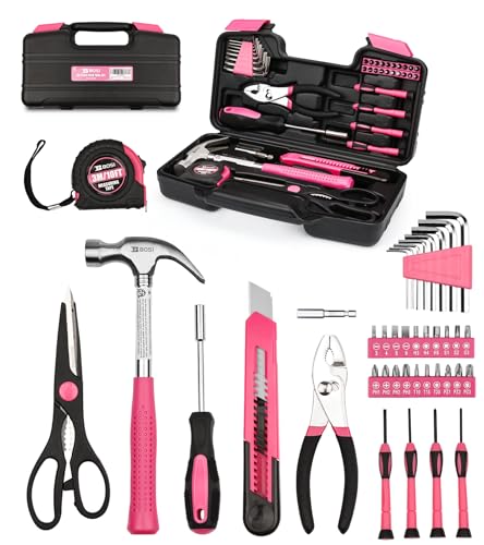 40-Piece Pink Tool Set for Girls, Ladies and Women, General Household 40 PCS Hand Tool Kit with Plastic Toolbox, Essential Tools for Home, Garage, Office and College Dormitory Use - style: 40 Piece Pink