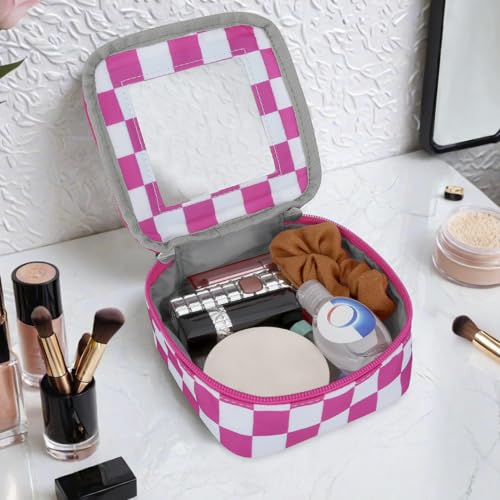 DOB SECHS Mini Checkered Bag for Purse 5.1'' x 5.1'' Small Makeup Bag for Car Cute Clear Cosmetic Bags with Zipper, Tiny Toiletry Bag Lipstick Organizer Pouch Travel Essentials Storage Pouch, Hot Pink - color: Hot Pink