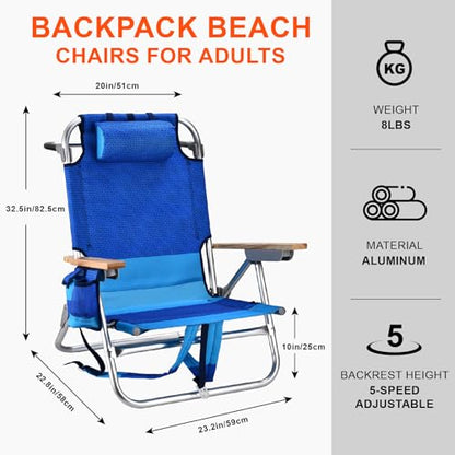 Backpack Beach Chairs for Adults Capacity 300 LBS Low 5 Position Beach Chair with Pouch Straps Folding Lightweight Reclining Aluminum Wide Lay Flat Single - color: 10in Wood Blue 1 Pack