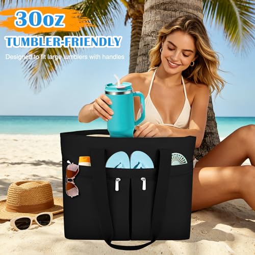 HUANLANG Large Beach Bags for Women Pool Bag with Zipper, Waterproof Sandproof Beach Tote Travel Bag with Wet Pocket - color: Black