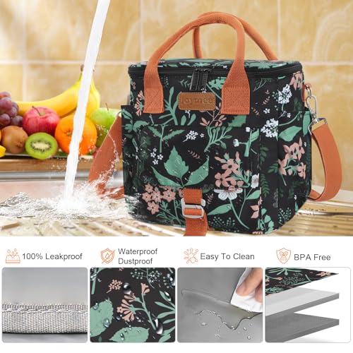 Joymee Large Insulated Lunch Bag Women Reusable Waterproof - Green Leaf | Large Spacious, Cooler Lunch Bag, Adjustable Shoulder Strap, With Side Pocket, Bottle Holder, for Office Work Picnic Travel - color: Green Leaf