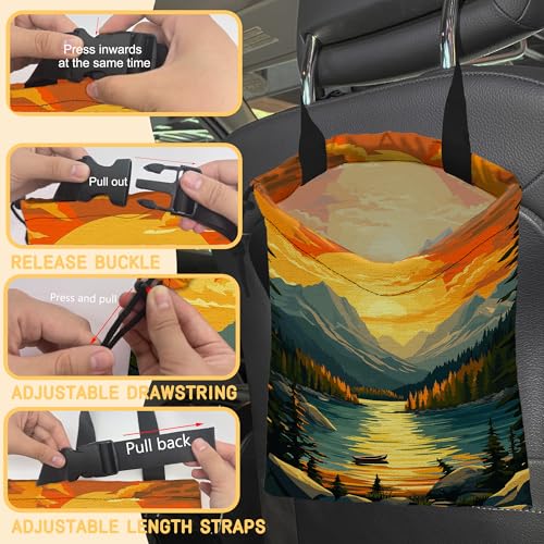 Lake in Mountains Car Garbage Bag, Small Car Trash Bag Hanging,Drawstring Car Garbage Bag with Adjustable Buckle for Car Back Seat,SUVs,Camping,Road Trips - color: Lake in Mountains