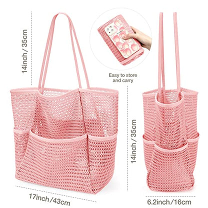 KPX Beach Bag with Mini Pocket, Summer Beach Tote Bags for Women Large Foldable Mesh Swimming Pool Travel Bags - Sandproof - color: Pink