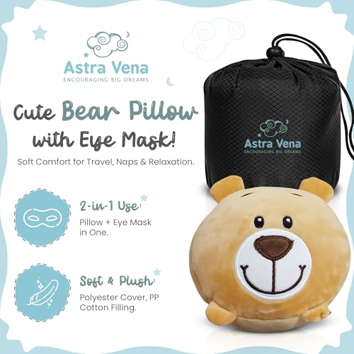 Child Travel Sleep Mask and Pillow Set - 2 in 1 Cute Character Design for Kids Rest, Naps and Relaxation. Soft Comfort with Bag Cover, Perfect for Flights, Car Trips 15cm - color: Brown