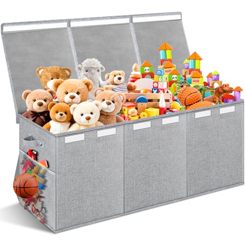 Extra Large Toy Box with Lids - Sturdy Collapsible Kids Storage Organizer Big Bin Chest Basket with Dividers for Boys Girls, Bedroom, Nursery, Living Room, Playroom Organization, 38"x16"x14", Gray - color: Gray