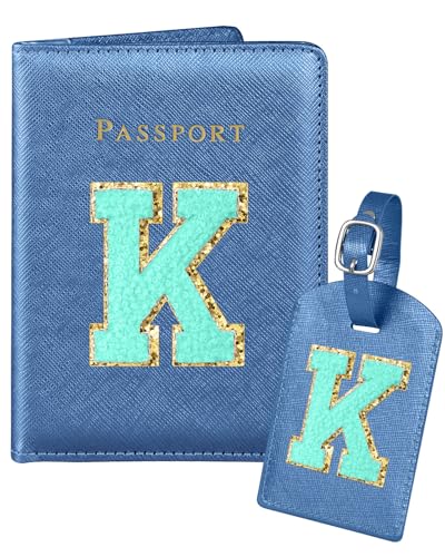 Slohif Passport Holder Initial Lugguage Tag Set Suitcase Cover Wallet Case for Travel Women - Leather Letter Passport Book Personalized Organizer Card Protector Sleeve Essentials Slim Carrier Blue K - color: Blue, style: K