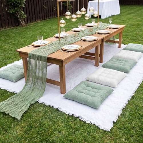 Extra Large Outdoor Picnic Blanket with Table Runner and Floor Pillow Cushion for Picnic Wedding Birthday Baby Shower Backyard(91 x 71'',Sage Green,White,6-Person) - color: Sage Green,white