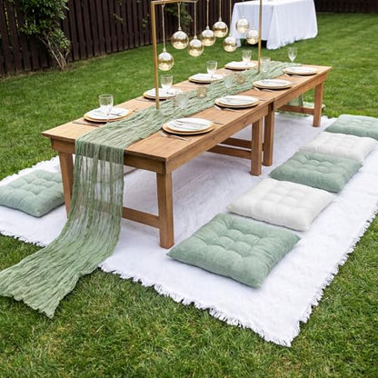 Extra Large Outdoor Picnic Blanket with Table Runner and Floor Pillow Cushion for Picnic Wedding Birthday Baby Shower Backyard(91 x 71'',Sage Green,White,6-Person) - color: Sage Green,white
