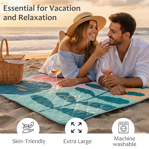 Exclusivo Mezcla Extra Large Waterproof Picnic Blankets 3 Layer, Sandproof and Foldable Outdoor Blanket for Beach Camping, Park and Travel - color: Green Leaf