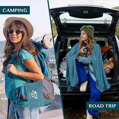PAVILIA Travel Blanket Airplane Compact with Bag, Small Travel Pillow Blanket Long Flights, Lightweight Plane Blanket with Luggage Strap, Camping Blanket for Traveler Essentials, Teal Blue, 65x40 - color: Teal Blue