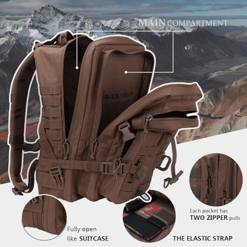 Hannibal Tactical MOLLE Assault Backpack, Tactical Backpack Military Army Camping Rucksack, 3-Day Pack Trip w/USA Flag Patch, D-Rings, Dark Brown - color: Dark Brown