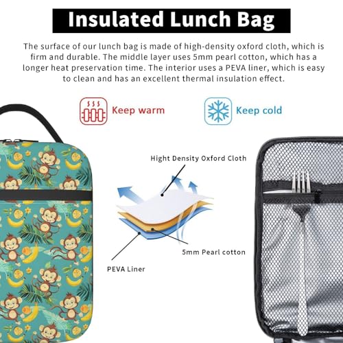 Insulated Lunch Box for Kids Boys Girls, Reusable Lunch Bag for School, Office, Work, Picnic, Travel, Monkeys and Tropical Fruits Lunch Box - color: lunch box 97