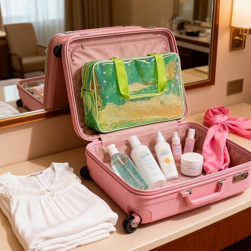 Holographic green Clear Star Large Cosmetic Bag and TPU Travel Pouch with Handle,Durable Material,Zipper Design-Ideal for Makeup,Travel Essentials (Holographic green+stars) - color: Holographic green+stars