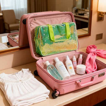 Holographic green Clear Star Large Cosmetic Bag and TPU Travel Pouch with Handle,Durable Material,Zipper Design-Ideal for Makeup,Travel Essentials (Holographic green+stars) - color: Holographic green+stars