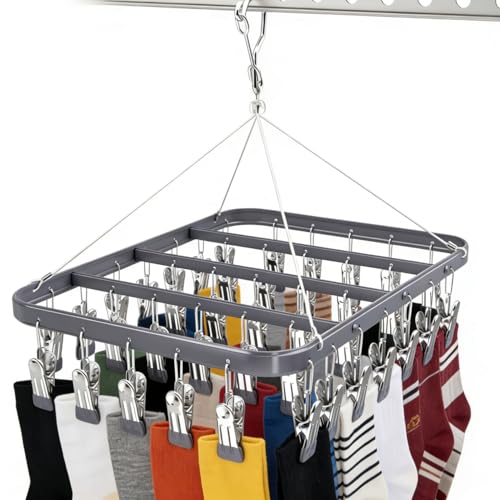 Pants Hanger Clothes Drying Racks Clip Hangers Metal with 36 Clips Windproof Hook Underwear Hanger Foldable Laundry Clip forJeans Yoga Leggings Trousers Socks Bras (Grey) - color: Gray