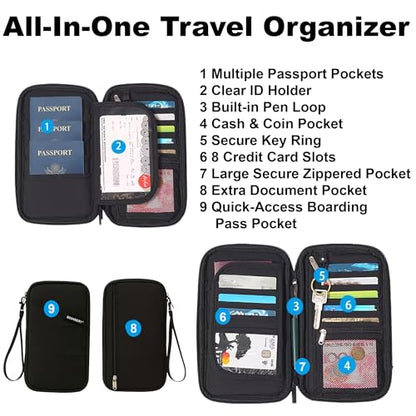 Travel Passport Holder, Water Resistant Travel Document Organizer for Family, Portable Passport Case with Wrist Strap for Travel, Vacation, Business Trip