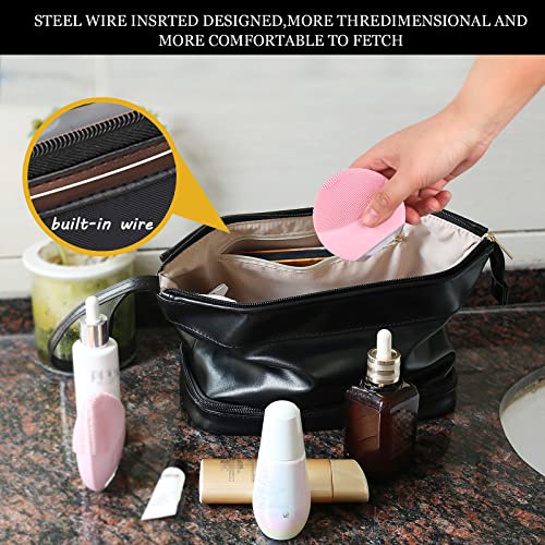 Abiudeng Large Capacity Makeup Bag Ladies Cosmetic Bag Travel Bag with Compartments Portable PU Leather Travel Makeup Bag with Handle - color: Black