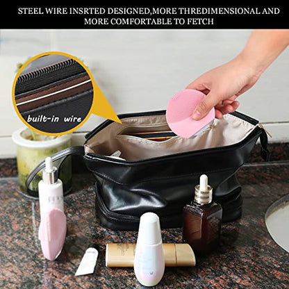 Abiudeng Large Capacity Makeup Bag Ladies Cosmetic Bag Travel Bag with Compartments Portable PU Leather Travel Makeup Bag with Handle - color: Black