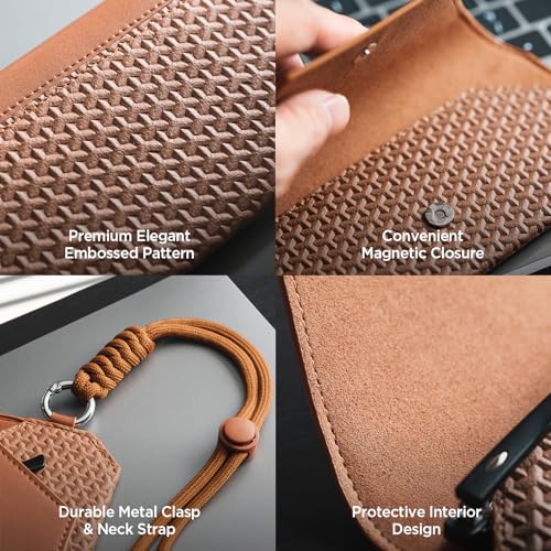 VULKIT Portable Leather Eye Glasses Case for Women & Men, Slim Sunglass Case, Unisex Eyeglass Case - color: Brown With Lanyard
