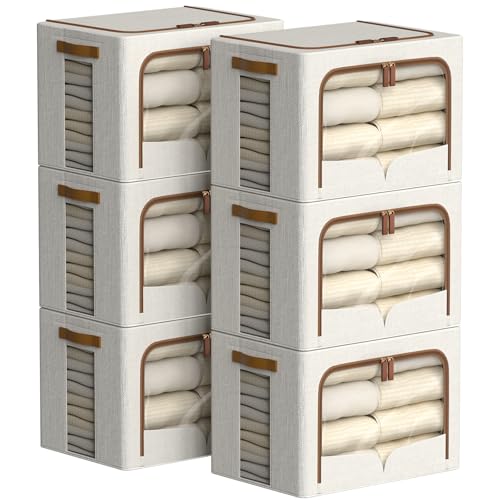 FHSQX 6 Pack Clothes Storage Bins with Metal Frame, Cream White, 19.7x15.7x13.8 inch - color: Cream White, size: 19.7x15.7x13.8 inch