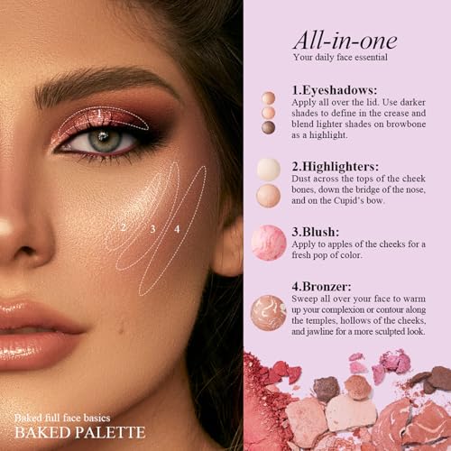 All-in-One Baked Makeup Palette with 3 Eyeshadows, 2 Highlighters, 1 Blush & 1 Bronzer - Highly Pigmented, Silky Smooth, Easy to Blend Full Face Make Up Pallet, Travel-Friendly Makeup Kit (01) - color: 01