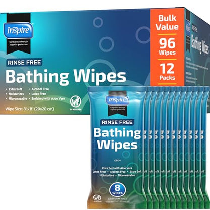 Body Wipes for adults bathing rinse free | Adult Wash Cloths Extra Large, Bathing Wipes for Incontinence With Aloe Vera, 8"x 8" In (96 count) | By Inspire - style: Thick Value Pack - 12 Packs Of 8