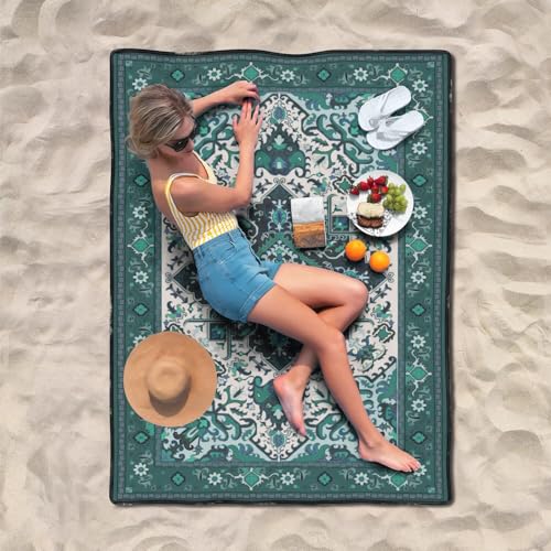Supfitness Extra Large Picnic Blankets Waterproof Foldable (60"x 80") Beach Blanket Waterproof Sandproof,3-Layer Thicking Mat Outdoor Packable Camping Blanket - color: Boho-teal, size: 60x80in