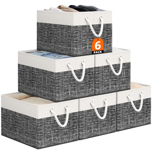 StorageTastic Storage Bin,Collapsible Storage Basket For Organizing,Large Storage Boxes With Rope Handles,Storage Containers,White & Black,6 Pack - color: Black, size: 15" X 10" X 9.5" (6 Pack)
