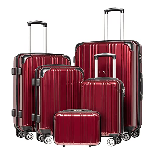 Coolife Luggage Sets, 5 Piece Durable Suitcase, Lightweight Carry on Luggage with PC+ABS Hardshell, Dual Spinner Wheels, TSA Lock and YKK Zipper(wine wind new, 5 piece set) - color: wine wind new, size: 5 piece set