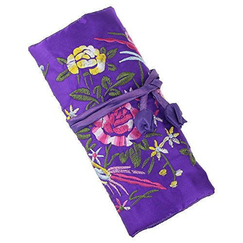 Dark Purple Silk Jewelry Organizer Roll for Travel – Vintage Embroidery Storage Bag with Zippered Pockets, Foldable Pouch for Rings, Necklaces & Earrings, Compact Luxury Gift - color: Dark Purple