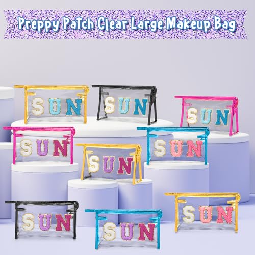 Y1tvei Clear SUN Makeup Bag - Preppy Purple SUN Chenille Varsity Letter Cosmetic Bag PVC Transparent Zipper Waterproof Beach Makeup Carry Pouch Portable Travel Toiletry Organizer for Women(Blue) - color: Purple SUN Blue