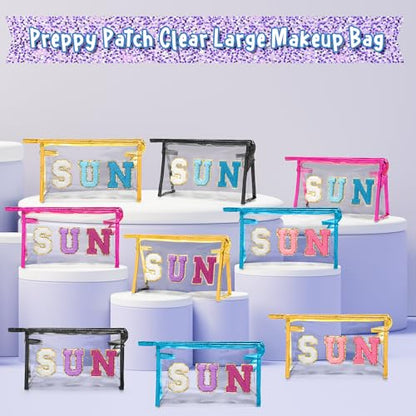 Y1tvei Clear SUN Makeup Bag - Preppy Purple SUN Chenille Varsity Letter Cosmetic Bag PVC Transparent Zipper Waterproof Beach Makeup Carry Pouch Portable Travel Toiletry Organizer for Women(Blue) - color: Purple SUN Blue