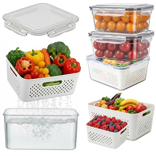 5 Pack Large Fruit Storage Containers for Fridge with Removable Colander-Plastic Food Storage Containers with Lids Airtight-Leak Proof Refrigerator Organizers and Storage of Vegetable -Produce Storage - color: 5Pack-Fruit-Containers