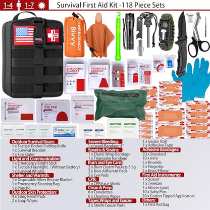 [New Upgrade] First Aid Kit, Survival Gear Outdoor Tactical Gear Set First Aid Kits Military Grade Molle System for Camper Travel Hunting Hiking and Adventures - color: Black