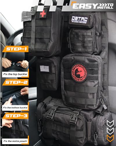 DBTAC Tactical Molle Car Seat Organizer | Vehicle Back Panel with 5X Detachable Pouches, US Flag & Writable Reflective Patch for Cars, Trucks, SUVs, Sedans - color: Black