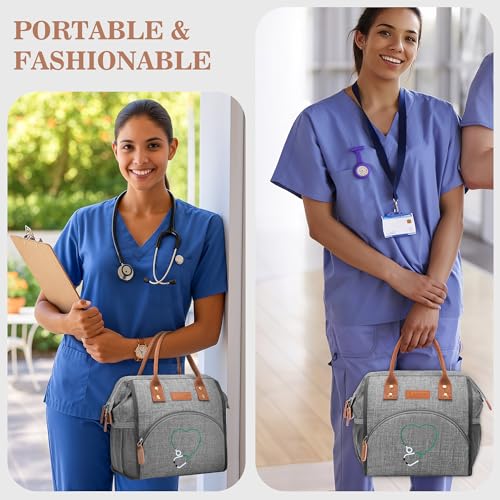 LOKASS Nurse Lunch Bag for Women, Embroidered Lunch Box with Special Nursing Design, Insulated Lunch Tote Ideal for Nurse Gifts, Neutral Grey - color: Gray - Stethoscope Heart