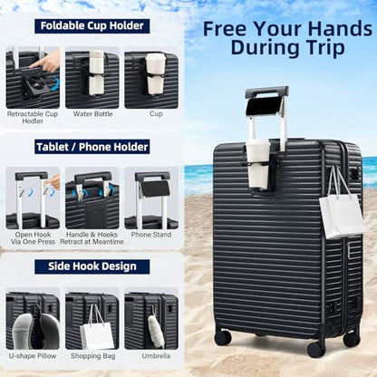 HanTrip Hard Shell Suitcases 28 Inch Large Checked Luggage with Spinner Wheels Cup Holder, Expandable Check in Luggage Lightweight Top Opening Luggage Big Rolling Suitcase with Lock, Black - color: Black, size: Expandable 28 Inch