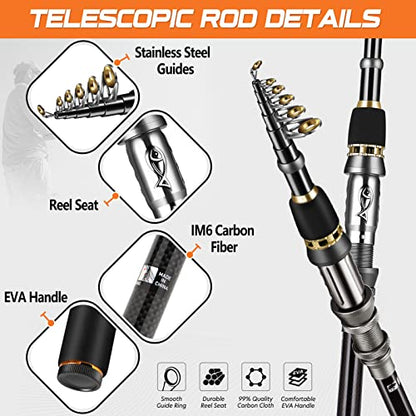 PLUSINNO Fishing Rod, Telescopic Fishing Rod and Reel Combo, Collapsible Travel Fishing Pole Rod Starter Kit, Carbon Fiber Fishing Rods and 12 +1 Bearings Stainless Steel, Fishing Gifts for Men Adults - color: Full Kit with Carrier Case, size: 2.4m 7.87ft